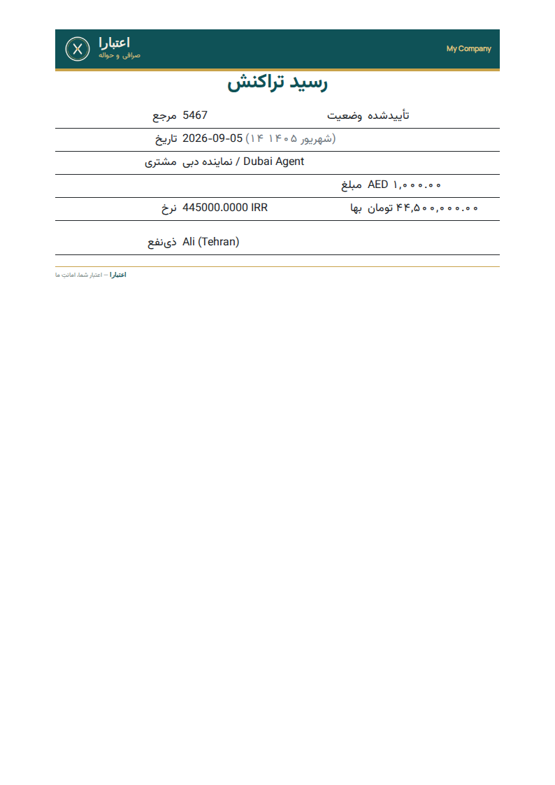 The customer copy of a transfer receipt, without any cost or profit figure.