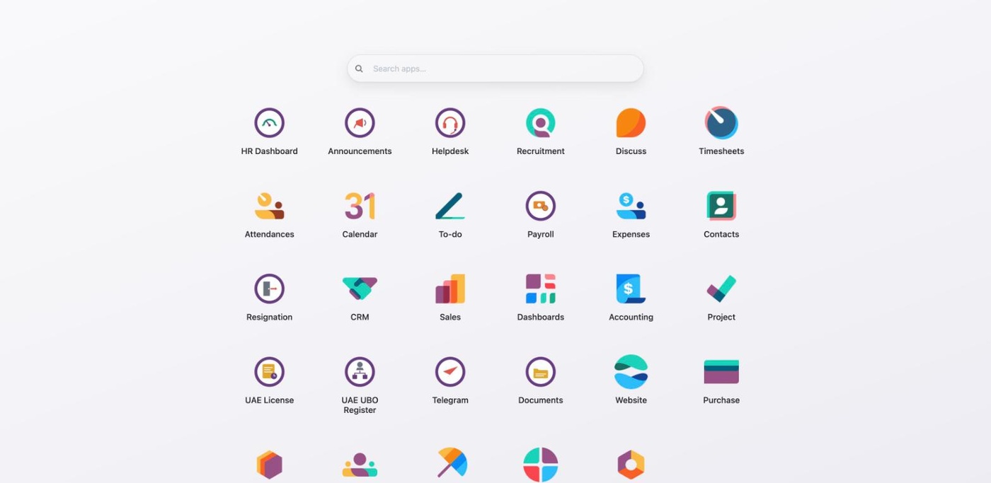 Odoo apps grid in a demo environment including Odoone UAE modules: UAE License, UAE UBO Register and Telegram alongside standard Odoo apps.