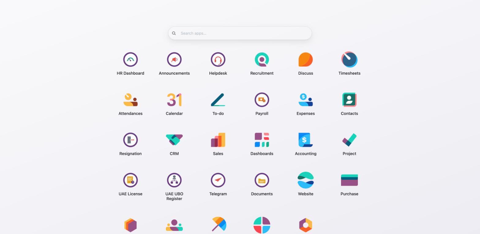 Odoo apps grid including Odoone UAE modules — UAE License, UAE UBO Register, Telegram — alongside standard Odoo applications, in a demo environment.