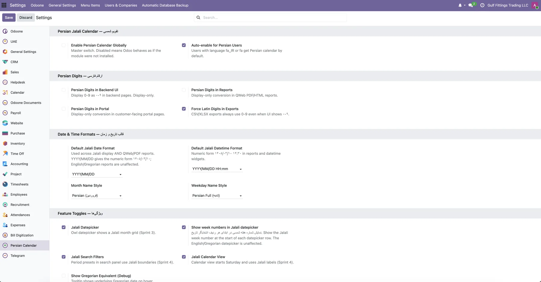 Odoone Persian Jalali calendar settings with per-user enablement, Persian digits options, Jalali date formats, Persian month and weekday names, Jalali datepicker, search filters and calendar view.