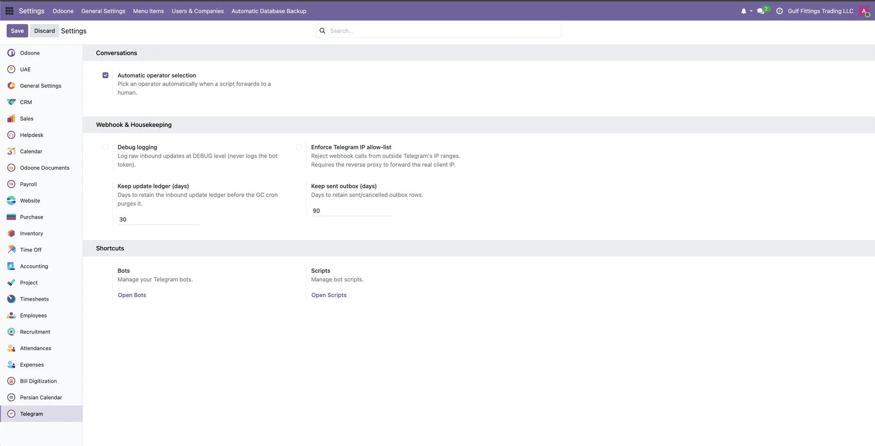 Odoone Telegram integration settings with bot and script management, automatic operator selection for human handoff and webhook security controls.